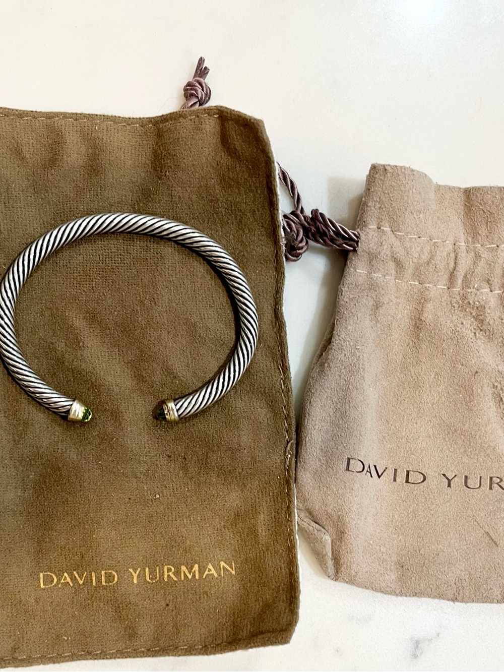 David Yurman Sterling Silver Cable Cuff with Gold Accents and Green Gem Tips